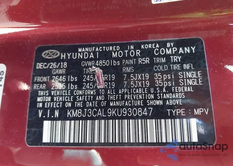 2019 Hyundai Tucson Night z USA, uszkodzony, nr VIN KM8J3CAL9KU930847